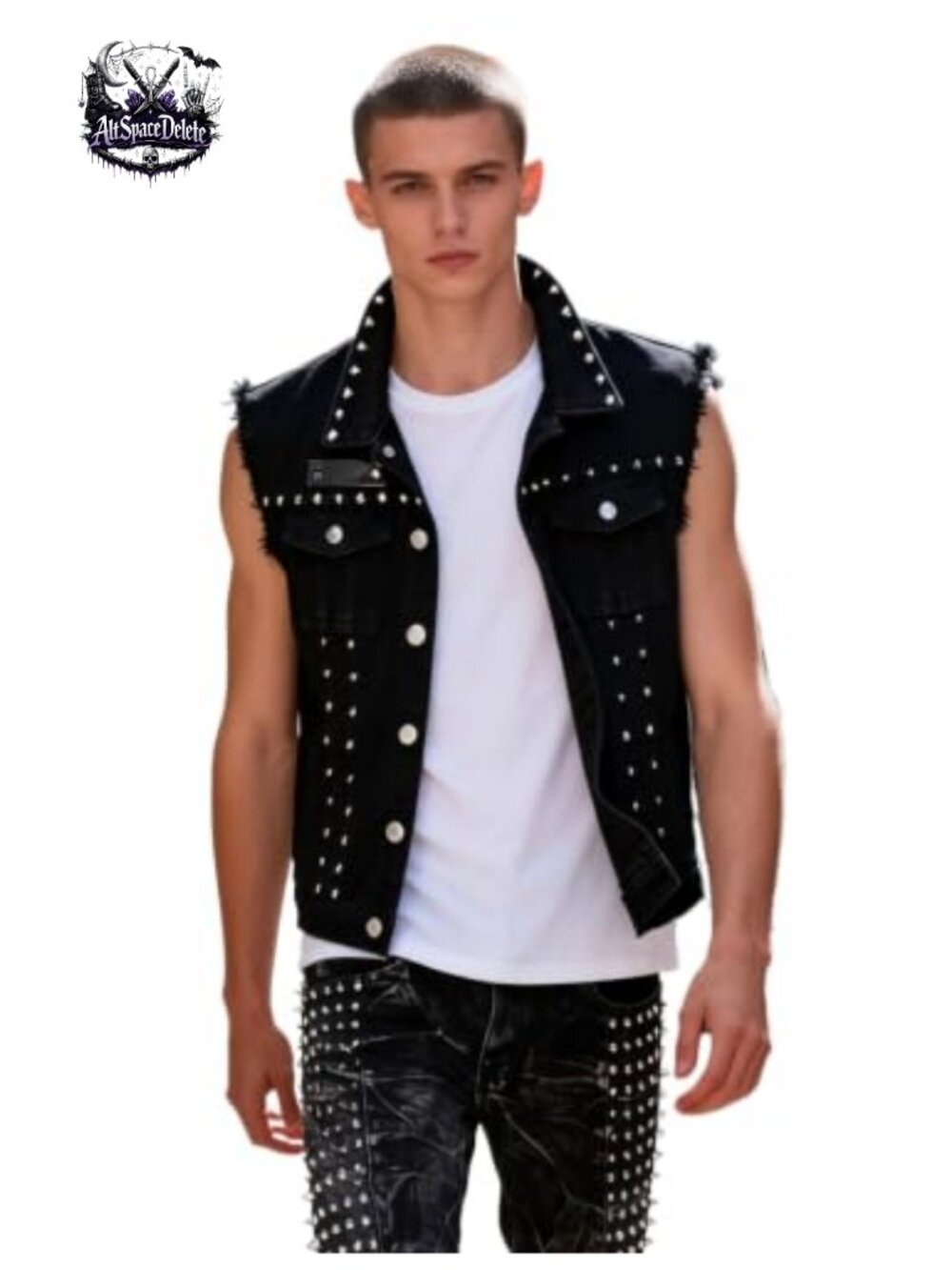 Men's Retro Gothic Punk Studded Denim Vest Sleeveless Slim Fit